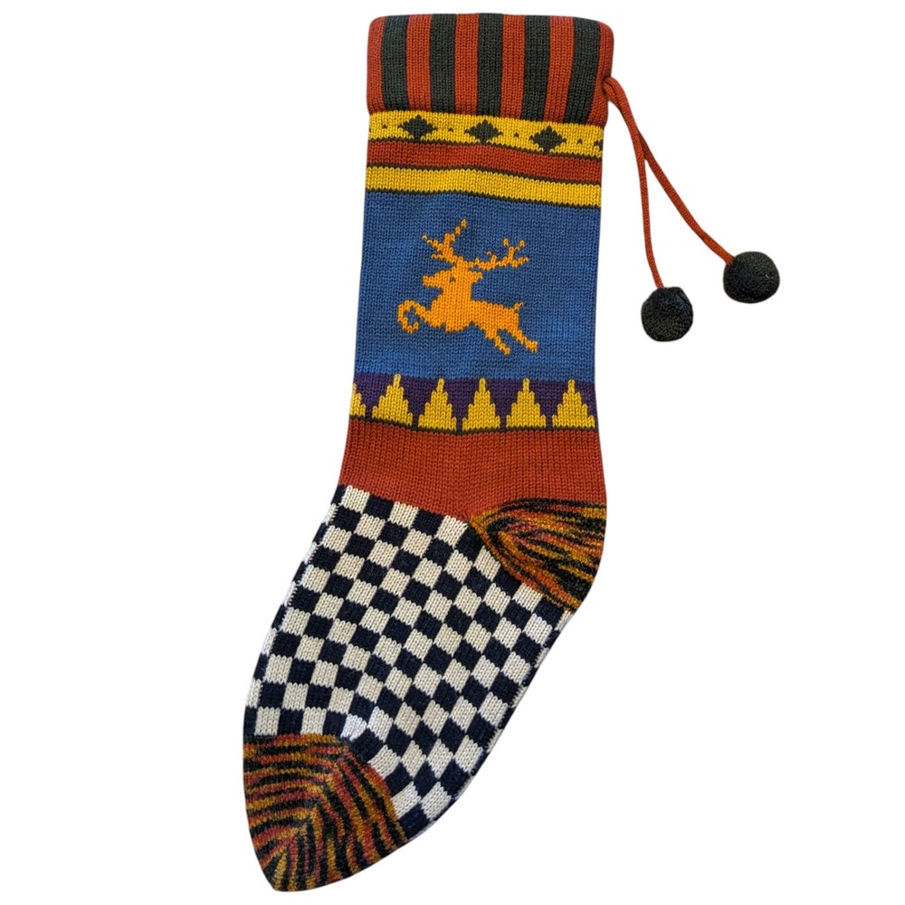 Russ Berrie Christmas Stocking Reindeer Vintage Knit Checkerboard Colorful